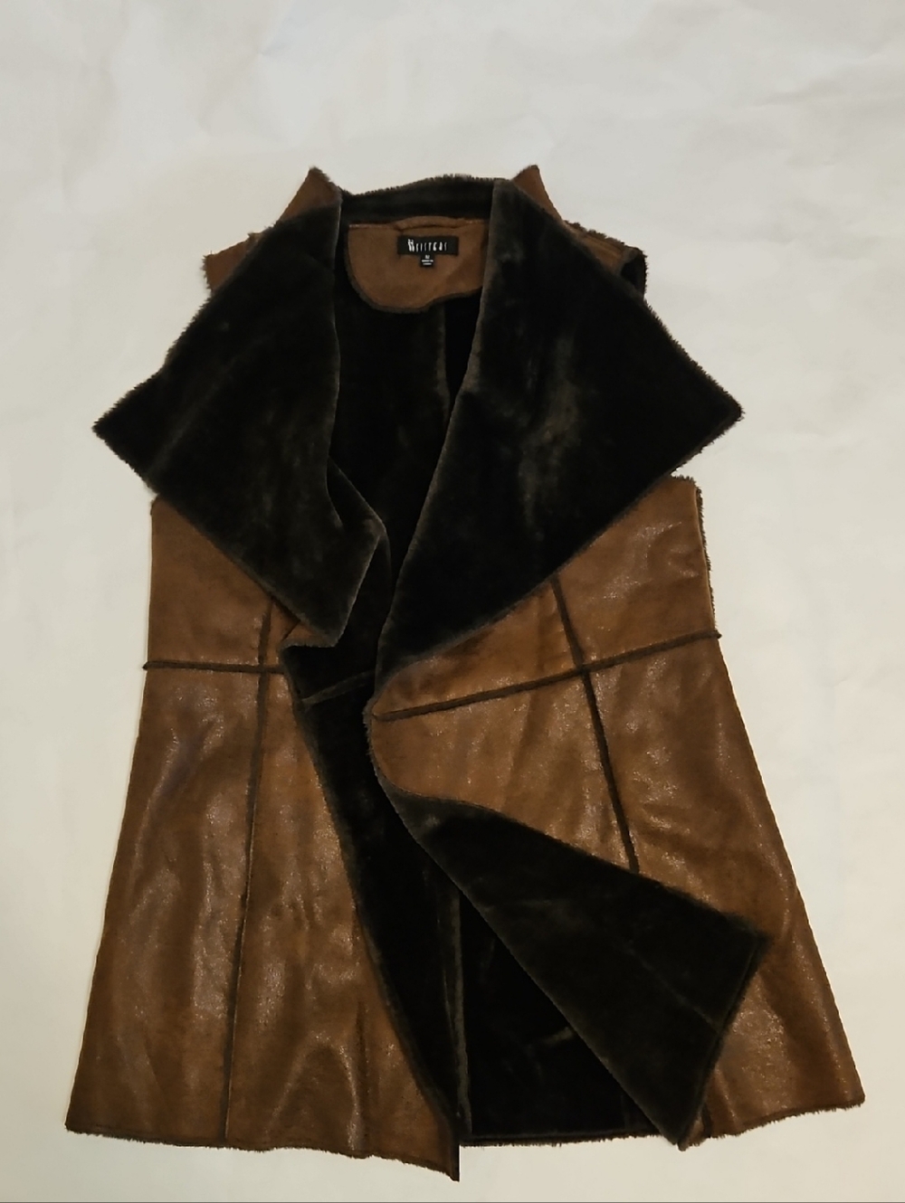 Sisters Brown Faux-Suede Vest with Black Faux-Shearling Collar